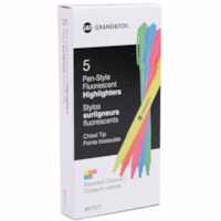 Grand & Toy Pen-Style Fluorescent Highlighters, Assorted Colours, Chisel Tip, 5/PK - Chisel Pen Point - Fine Chisel Marker Point - Assorted, Bright Fluorescent Ink - Assorted Barrel - 5 / Pack