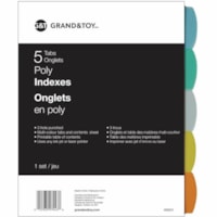 Intercalaire Grand & Toy - 5 Blanc Onglet(s) - 5 Onglet(s)/Ensemble - format lettre - format 8,50 po (215,90 mm) x 11 po (279,40 mm) - 3 TrouPerforé - Tab Assorti Poly, Plastique - Imprimable, Anti-déchirures, Bords renforcés - 1 / jeu