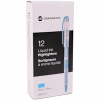 Grand & Toy Liquid Ink Highlighter, Fluorescent Light Blue, Chisel Tip - Chisel Pen Point - Chisel Marker Point - Fluorescent Light Blue Ink - Liquid - Transparent Blue Barrel - 12 / Box