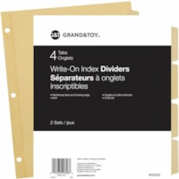 Grand & Toy Write-On Index Dividers, Buff, 8 1/2" x 11" , 4-Tabs/ST, 2 Sets/PK - Blank, Write-on Tab(s) - Index - 4 Tab(s)/Set - Letter - 8.50" (215.90 mm) Width x 11" (279.40 mm) Length - 3 Hole Punched - Tan Plastic DividerRecycled - Writable, Reinforced Edges, Reinforced Binding Edge, Reinforced 