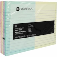 Grand & Toy Self-Stick Notes, Assorted Pastel Colours, Lined, 4" x 6" , 100 Sheets/Pad, 8 per - 100 x Pastel Blue, 100 x Pastel Purple, 100 x Pastel Yellow, 100 x Pastel Pink - 6" Flag/Note Width x 4" Flag/Note Length - Rectangle - 100 Sheets per Pad - "Assorted Pastel, Blue, Purple, Yellow, Pink - 