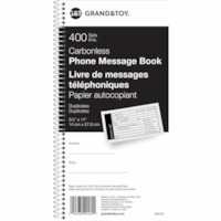 Grand & Toy Telephone Message Book, 11" x 6" - Spiral Bound - Carbonless Copy - White - Recycled - 1