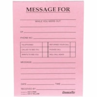 Grand & Toy Phone Message Pads, Pink, 4 1/4" x 5 1/2" , 10/PK - 72 Sheet(s) - 4 1/4" (10.8 cm) x 5 1/2" (14 cm) Sheet Size - Pink Sheet(s) - 10 / Pack