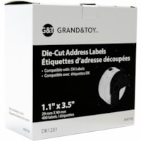 Etiquette d'adresse Grand & Toy - hauteur de 1 1/10 po x largeur de 3 1/2 po - Noir, Blanc - 400 / Rouleau - 1 / boîte