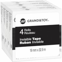 Ruban invisible Grand & Toy - longueur de 36 vg (32,9 m) x largeur de 0,75 po (19 mm) - 1 po (25,40 mm) Matériau - Mate - Résistant aux déchirures, Résistant aux déchirures - Pour Bureau - 4 / emballage