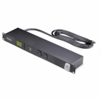 StarTech.com 12-Outlet Horizontal Rack Mount Metered PDU, 1U Server Power Strip w/Surge Protector, 125V/15A, 8ft (2.4m) Power Cord, TAA - 1U rack mount metered PDU w/12x NEMA 5-15R outlets; 125V max; 8ft power cord - Backlit LCD for real-time electrical monitoring (V/A/W/PF) - Self-tripped MOV surge