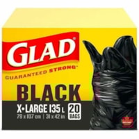 Glad Black Garbage Bags - Extra Large Size - 135 L Capacity - 31" (787.40 mm) Width x 42" (1066.80 mm) Length - Tie Closure - Black - Garbage - 20 / Pack