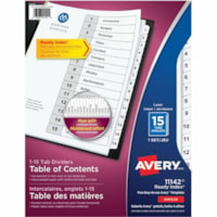 Avery® Ready Index® Table of Content Dividers for Laser and Inkjet Printers, 15 tabs - 15 x Divider(s) - 1-15 - 15 Tab(s)/Set - 8.50" (215.90 mm) Divider Width x 11" (279.40 mm) Divider Length - 3 Hole Punched - White Paper Divider - White Paper Tab(s) - 20% Recycled - 15 / Set