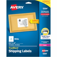 Avery® Shipping Labels, Sure Feed, 3-1/3" x 4" , 150 White Labels (5264) - 3 21/64" (84.58 mm) Width x 4" (101.60 mm) Length - Permanent Adhesive - Rectangle - Laser - White - Paper - 6 / Sheet - 25 Total Sheets - 150 Total Label(s) - Permanent Adhesive, Jam Resistant, Customizable - 150 / Pack