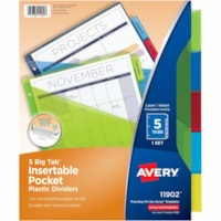 Avery® Big Tab(tm) Insertable Plastic Dividers with Pockets for Laser and Inkjet Printers, 9¼" x 11?" , 5 tabs, 1 set - 5 x Divider(s) - 5 - 5 Tab(s)/Set - 9.25" (234.95 mm) Divider Width x 11.25" (285.75 mm) Divider Length - 3 Hole Punched - Translucent Plastic, Multicolor Divider - Multicol