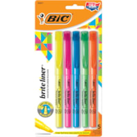 BIC Brite Liner Highlighter, Chisel Tip For Broad Highlighting & Fine Underlining, Assorted Colours, 5-Count - Chisel Marker Point - Fluorescent Assorted Ink - 5 Pack