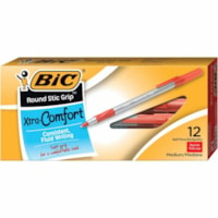 BIC Round Stic Grip Ballpoint Pen - Medium Pen Point - Red Ink - Frost Barrel - 1 Dozen