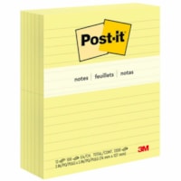 Post-it® Original Lined Notes, Canary Yellow, 3" x 5" , 100 Sheets/Pad, 12 Pads/PK - 1200 x Canary Yellow - 3" (76.20 mm) Flag/Note Width x 5" (127 mm) Flag/Note Length - Rectangle - 100 Sheets per Pad - Ruled - Canary Yellow - Paper - Self-adhesive, Repositionable, Recyclable - 12 / Pack