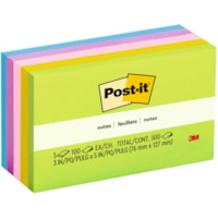 Feuillet adhésif Post-it® - 500 - largeur de drapeau/note 3 po (76,20 mm) x longueur de drapeau/note 5 po (127 mm) - Rectangulaires - 100 Feuilles par bloc - Non ligné - Citronnade, Citron, Rose, Jardin d'iris - Papier - Autocollant, Repositionnables - 5 / emballage