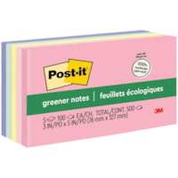 Post-it® Greener Notes - Sweet Sprinkles Color Collection - 500 - 3" (76.20 mm) Flag/Note Width x 5" (127 mm) Flag/Note Length - Rectangle - 100 Sheets per Pad - Unruled - Positively Pink, Pink Salt, Canary Yellow, Fresh Mint, Moonstone - Paper - Self-adhesive, Repositionable - Recycled - 5 / Pa