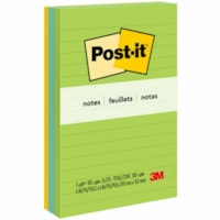 Feuillet adhésif Post-it® - 300 - largeur de drapeau/note 4 po (101,60 mm) x longueur de drapeau/note 6 po (152,40 mm) - Rectangulaires - 100 Feuilles par bloc - Avec ligne - Citronnade, Jaune citron, Bleu - Papier - Autocollant, Repositionnables - 3 / emballage