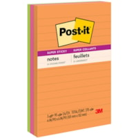 Feuillet adhésif Super Sticky Post-it® - largeur de drapeau/note 4 po (101,60 mm) x longueur de drapeau/note 6 po (152,40 mm) - Rectangulaires - 90 Feuilles par bloc - Avec ligne - Orange, Rose, Vert - Papier - Autocollant, Recyclable - 3 / emballage