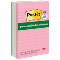 Post-it® Greener Lined Notes - Sweet Sprinkles Color Collection - 500 x Assorted - 4" (101.60 mm) Flag/Note Width x 6" (152.40 mm) Flag/Note Length - Rectangle - 100 Sheets per Pad - Ruled - "Positively Pink, Canary Yellow, Fresh Mint, Moonstone - Paper - Self-adhesive, Repositionable - Recycled