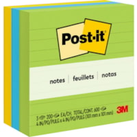 Post-it® Lined Notes in Ultra Colors - 600 - 4" (101.60 mm) Flag/Note Width x 4" (101.60 mm) Flag/Note Length - Square - Ruled - "Ultra Assorted - Self-adhesive, Repositionable - 3 / Pack