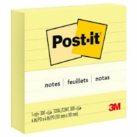 Feuillet adhésif Post-it® - 300 - largeur de drapeau/note 4 po (101,60 mm) x longueur de drapeau/note 4 po (101,60 mm) - Carré - 300 Feuilles par bloc - Avec ligne - Jaune canari - Papier - Recyclable - 1 bloc